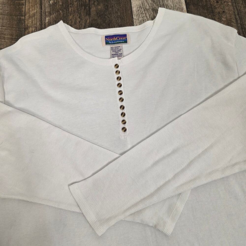 Vintage White Ribbed Henley Top 3X Plus Y2K Minimalist Long Sleeve Fall Layering